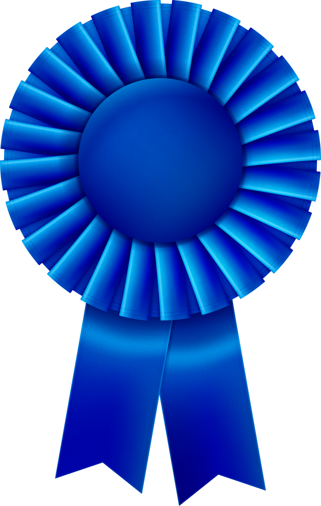 A blue first place prize ribbon